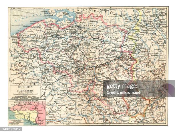 old chromolithograph map of belgium and luxembourg - belgische cultuur stockfoto's en -beelden