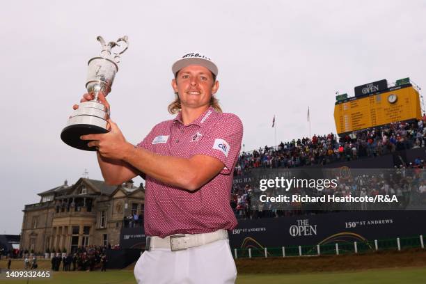 Cameron Smith of Australia poses with The Claret Jug in front of the 18th hole grandstand during Day Four of The 150th Open at St Andrews Old Course...
