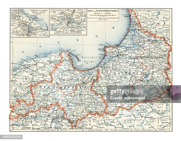 old chromolithograph map of east and west prussia - east stock pictures, royalty-free photos & images