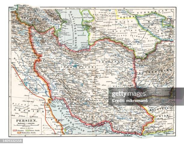 old chromolithograph map of persia (iran), country in western asia - persian empire map stock pictures, royalty-free photos & images