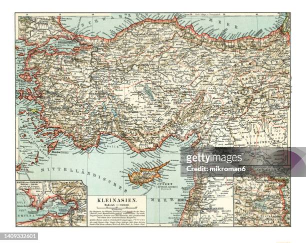 old chromolithograph map of asia minor - ottoman empire map stock pictures, royalty-free photos & images