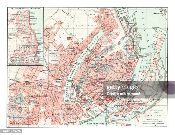 old chromolithograph map of copenhagen, capital and most populous city of denmark - linguistics stock pictures, royalty-free photos & images