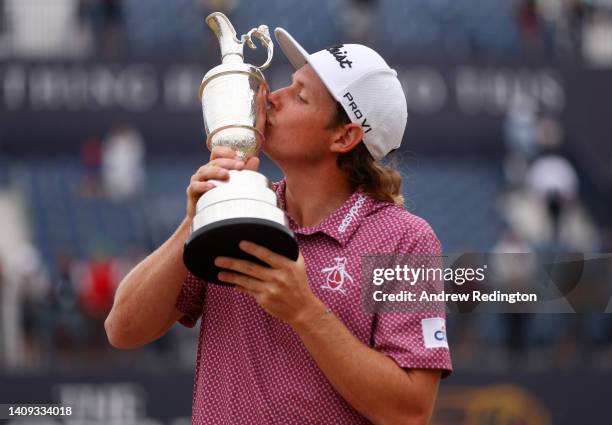 Cameron Smith of Australia celebrates with The Claret Jug during Day Four of The 150th Open at St Andrews Old Course on July 17, 2022 in St Andrews,...