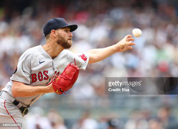 Chris Sale of the Boston Red Sox delivers a pitch in the first inning against the New York Yankees at Yankee Stadium on July 17, 2022 in the Bronx...