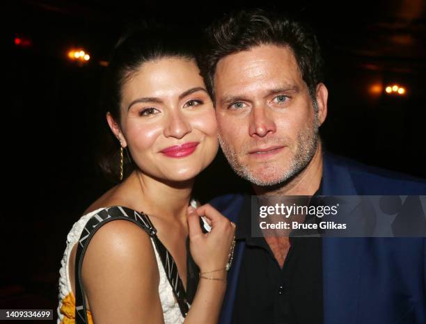 Phillipa Soo and Steven Pasquale pose at the opening night of "Into The Woods" on Broadway at The St. James Theatre on July 10, 2022 in New York City.