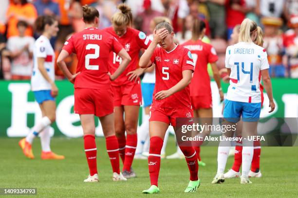 Noelle Maritz of Switzerland looks dejected following defeat in the UEFA Women's Euro 2022 group C match between Switzerland and Netherlands at...