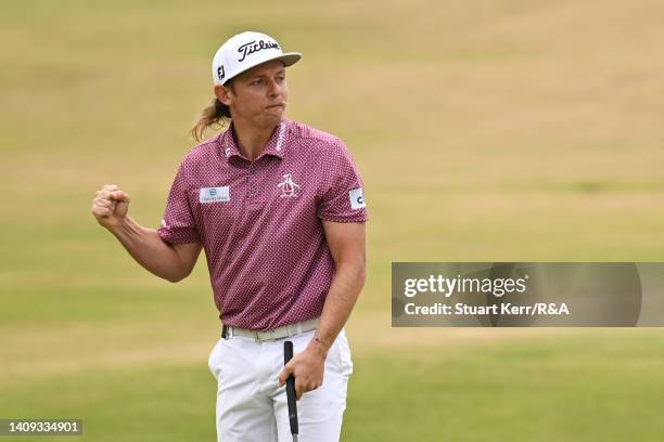 Cameron Smith of Australia celebrates his birdie on the 18th green on his way to winning during Day Four of The 150th Open at St Andrews Old Course...