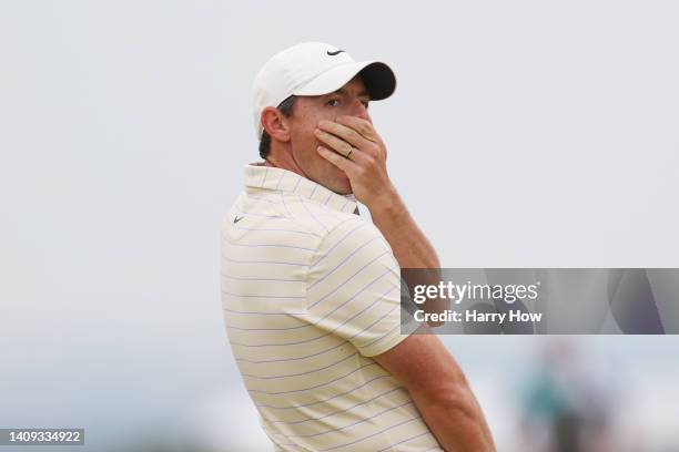 Rory McIlroy of Northern Ireland reacts during Day Four of The 150th Open at St Andrews Old Course on July 17, 2022 in St Andrews, Scotland.