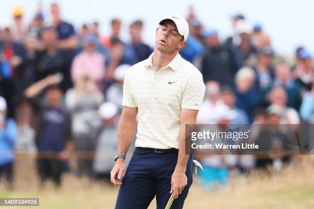 Rory McIlroy of Northern Ireland reacts after putting on the 13th green during Day Four of The 150th Open at St Andrews Old Course on July 17, 2022...