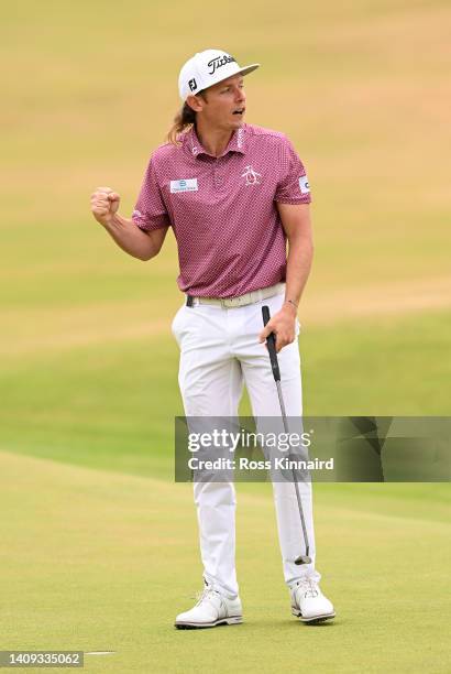 Cameron Smith of Australia celebrates on the 18th green during Day Four of The 150th Open at St Andrews Old Course on July 17, 2022 in St Andrews,...