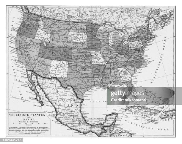 old chromolithograph map of the united states and mexico - geography of illinois stock pictures, royalty-free photos & images