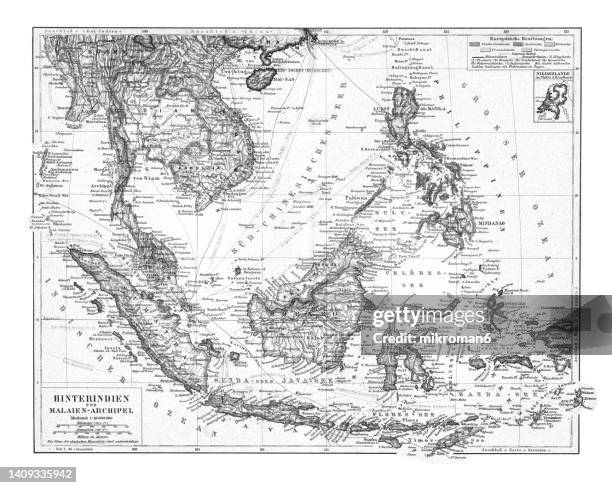 old chromolithograph map of india and malay archipelago - south east asia map stock pictures, royalty-free photos & images