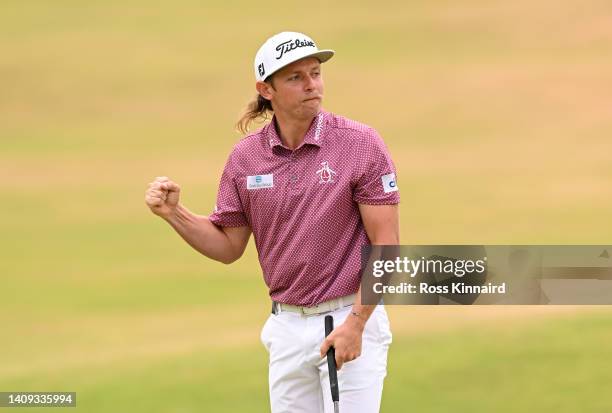 Cameron Smith of Australia celebrates on the 18th green during Day Four of The 150th Open at St Andrews Old Course on July 17, 2022 in St Andrews,...