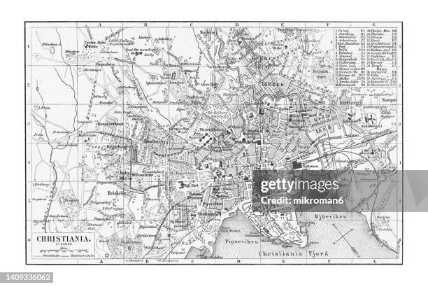 old chromolithograph map of christiania, kristiania, oslo - norway - map copenhagen stock pictures, royalty-free photos & images