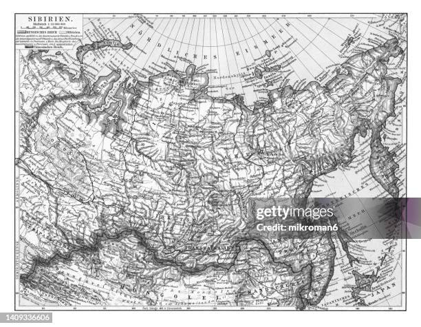 old chromolithograph map of siberia, russia - russia map stockfoto's en -beelden