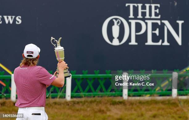 Cameron Smith of Australia celebrates with The Claret Jug during Day Four of The 150th Open at St Andrews Old Course on July 17, 2022 in St Andrews,...