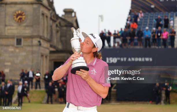 Cameron Smith of Australia celebrates with The Claret Jug during Day Four of The 150th Open at St Andrews Old Course on July 17, 2022 in St Andrews,...
