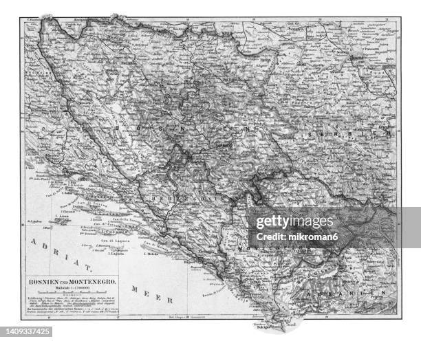 old chromolithograph map of bosnia and herzegovina - balkans or balkan peninsula - balkans fotografías e imágenes de stock