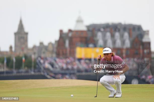 Cameron Smith of Australia lines up a putt on the 16th green during Day Four of The 150th Open at St Andrews Old Course on July 17, 2022 in St...
