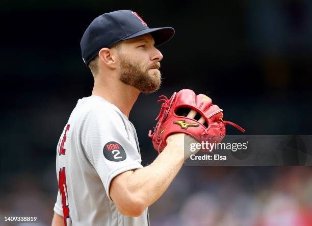 Chris Sale of the Boston Red Sox prepares to deliver the first pitch in the first inning against the New York Yankees at Yankee Stadium on July 17,...