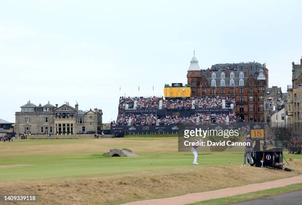 Cameron Smith of Australia plays his tee shot on the 18th hole during the final round of The 150th Open on The Old Course at St Andrews on July 17,...