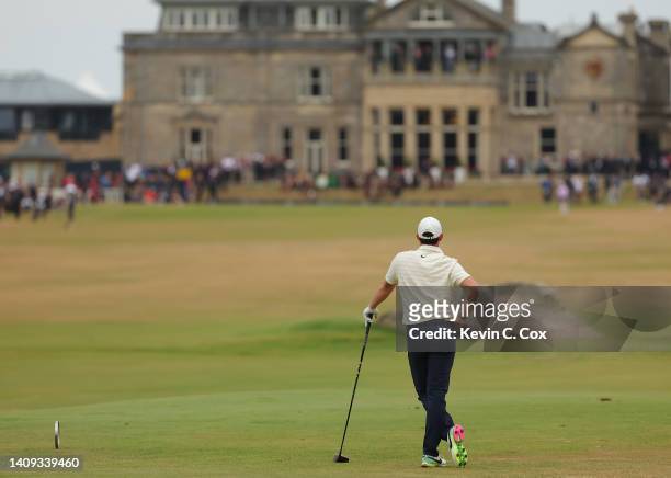 Rory McIlroy of Northern Ireland looks on ahead of teeing off on the 18th hole during Day Four of The 150th Open at St Andrews Old Course on July 17,...