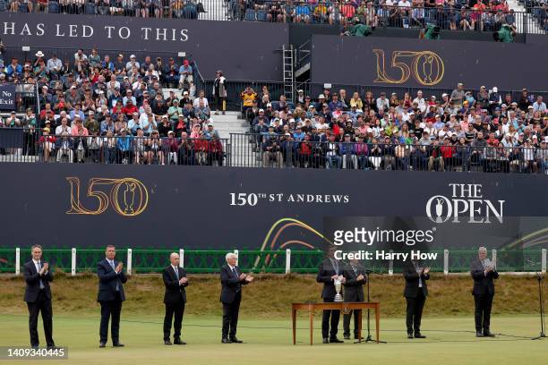 David Meacher talks during the prize giving ceremony on the 18th green during Day Four of The 150th Open at St Andrews Old Course on July 17, 2022 in...