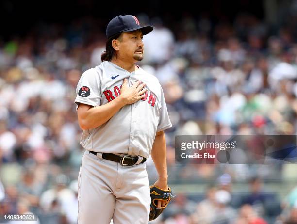 Hirokazu Sawamura of the Boston Red Sox reacts in the first inning against the New York Yankees at Yankee Stadium on July 17, 2022 in the Bronx...