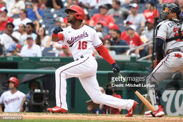 Victor Robles of the Washington Nationals hits a two run run homer in the second inning during a baseball game against the Atlanta Braves at...