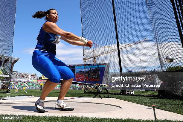 Sara Fantini of Team Italy competes in the Women's Hammer Throw Final on day three of the World Athletics Championships Oregon22 at Hayward Field on...