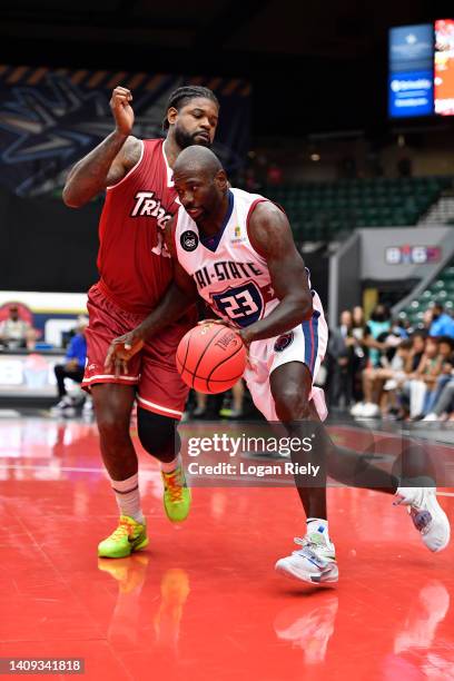 Jason Richardson of the Tri-State drives toward the hoop against Amir Johnson of the Trilogy during BIG3 Week 5 at Comerica Center on July 17, 2022...