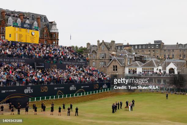 General view of the eighteenth green as Cameron Smith of Australia is presented with The Claret Jug by Peter Forster, Captain of the Royal and...