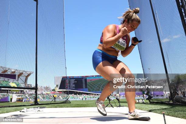 Brooke Andersen of Team United States reacts after competing in the Women's Hammer Throw Final on day three of the World Athletics Championships...