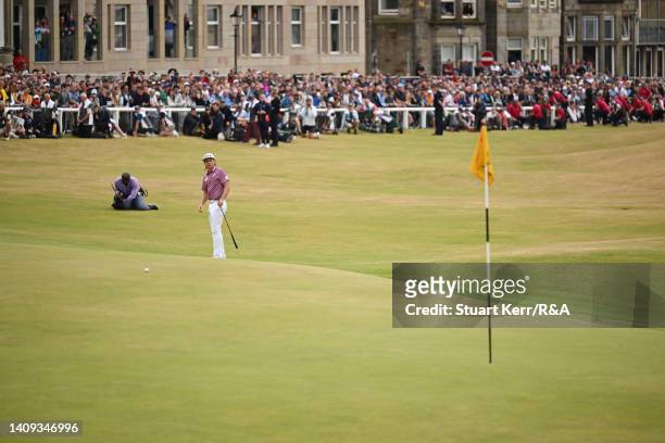 Cameron Smith of Australia putts on the eighteenth green during Day Four of The 150th Open at St Andrews Old Course on July 17, 2022 in St Andrews,...