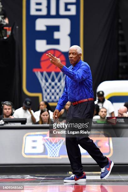 Head coach Julius Erving of the Tri-State motions toward the court during the game against the Trilogy in BIG3 Week 5 at Comerica Center on July 17,...