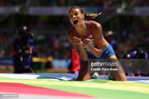 Anna Hall of Team United States reacts after competing in the Women's Heptathlon High Jump on day three of the World Athletics Championships Oregon22...