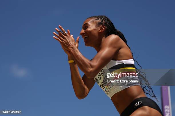 Nafissatou Thiam of Team Belgium reacts after competing in the Women's Heptathlon High Jump on day three of the World Athletics Championships...