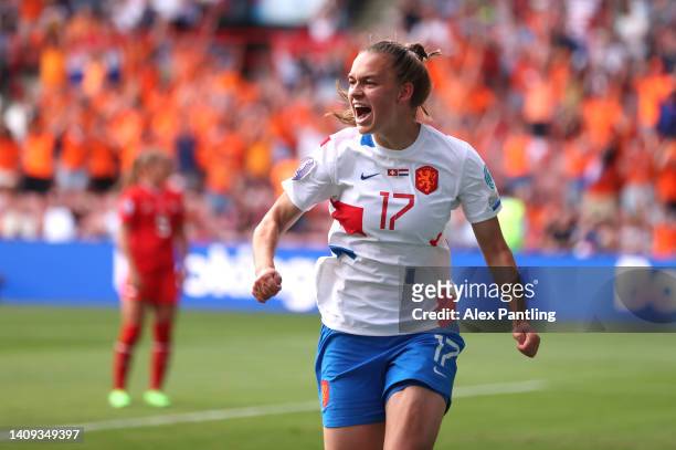 Romee Leuchter of The Netherlands celebrates after scoring their side's second goal during the UEFA Women's Euro England 2022 group C match between...