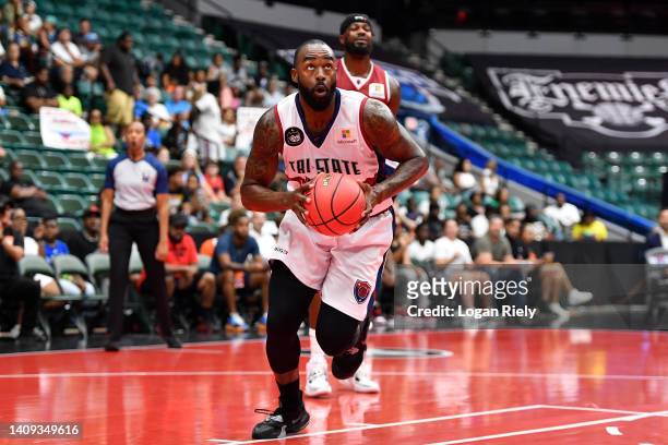 DaJuan Summers of the Tri-State drives toward the hoop during the game against the Trilogy in BIG3 Week 5 at Comerica Center on July 17, 2022 in...