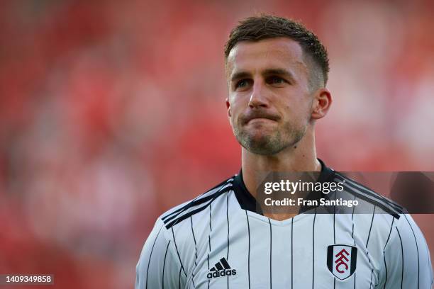 Joe Bryan of Fulham looks on during the Trofeu do Algarve match between Fulham and SL Benfica at Estadio Algarve on July 17, 2022 in Faro, Portugal.