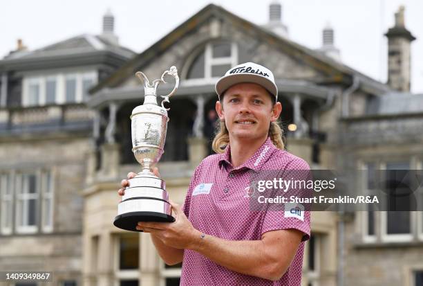 Cameron Smith of Australia poses with The Claret Jug in celebration of victory on the eighteenth green during Day Four of The 150th Open at St...