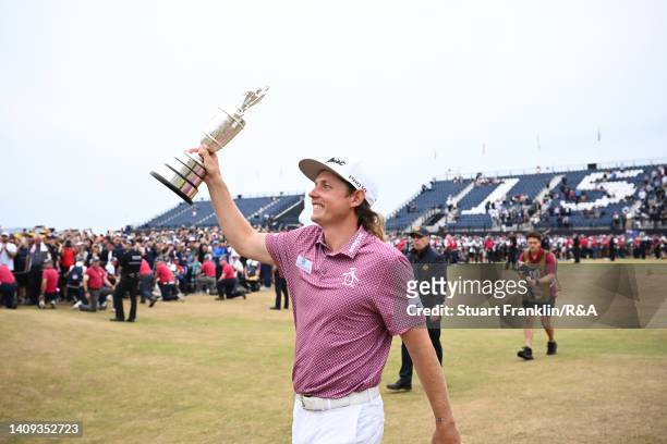 Cameron Smith of Australia celebrates with The Claret Jug in celebration of victory on the eighteenth green during Day Four of The 150th Open at St...