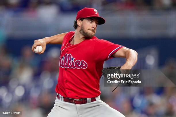 Aaron Nola of the Philadelphia Phillies throws a pitch during the second inning against the Miami Marlins at loanDepot park on July 17, 2022 in...