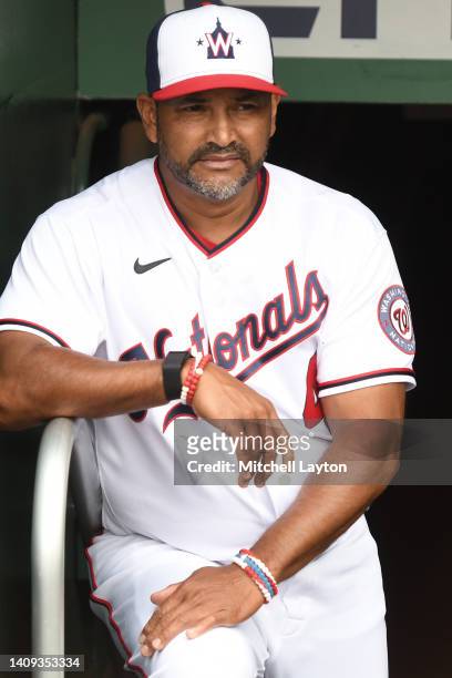 Manager Dave Martinez of the Washington Nationals looks on prior to a baseball game against the Atlanta Braves at Nationals Park on July 17, 2022 in...