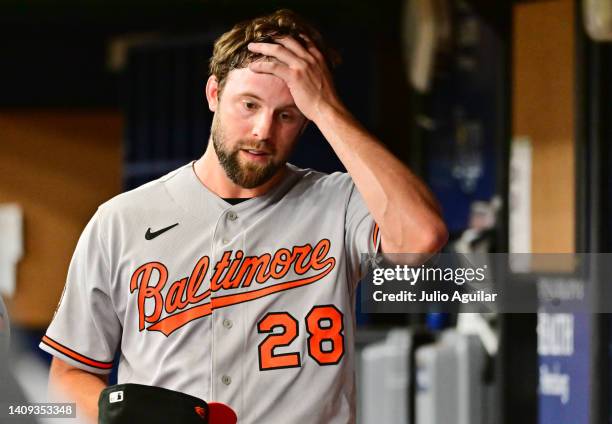 Jordan Lyles of the Baltimore Orioles reacts after being relieved in the third inning against the Tampa Bay Rays at Tropicana Field on July 17, 2022...