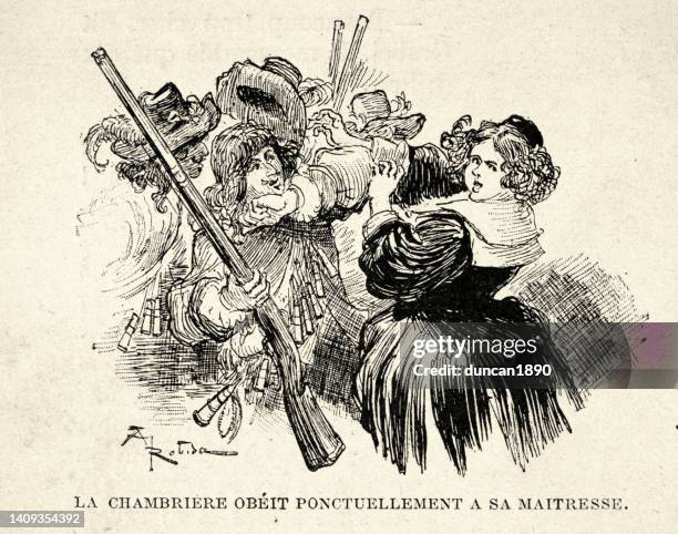 woman arguing and hitting soldiers, french, 17th century style, military history - 17th century man stock illustrations