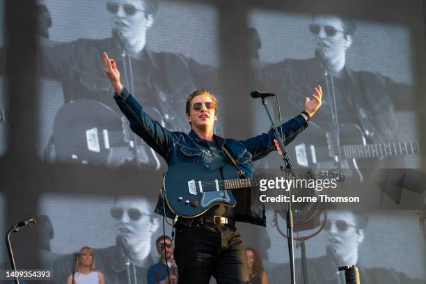George Ezra performs at Finsbury Park on July 17, 2022 in London, England.