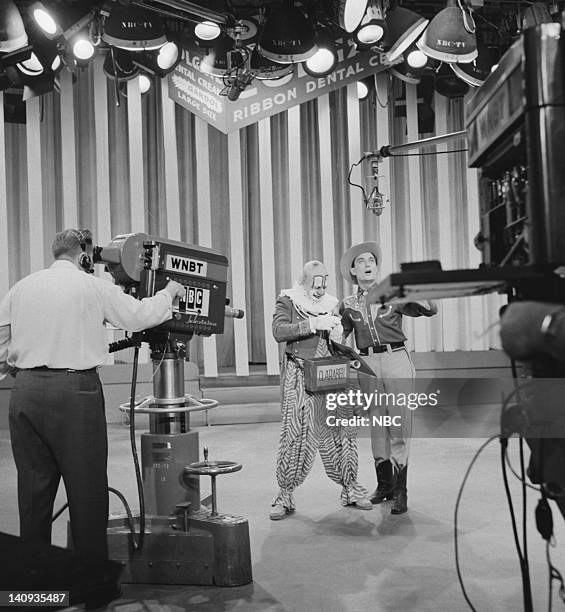 Pictured: Lew Anderson as Clarabell the Clown, Bob Smith as host Buffalo Bob Smith during taping of the Colgate 5th Anniversary party -- Photo by:...