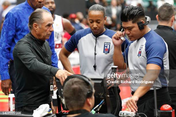 Officials look at a monitor during the game between the Tri-State and the Trilogy in BIG3 Week 5 at Comerica Center on July 17, 2022 in Frisco, Texas.
