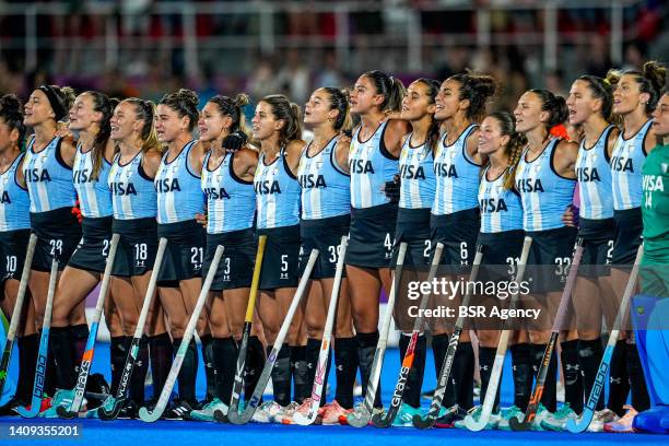 Argentina team prior to the FIH Hockey Women's World Cup 2022 Final match between Netherlands and Argentina at the Estadi Olímpic de Terrassa on July...